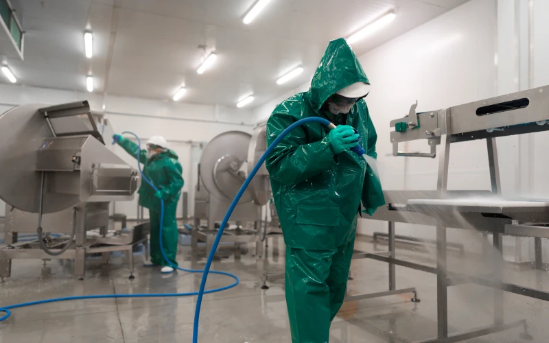 Two workers in green protective suits using hoses to clean stainless steel equipment during sanitation procedures in a food production environment.