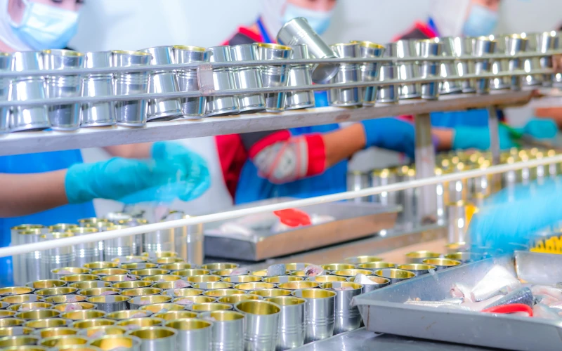 Workers wearing gloves and face masks handling metal cans on a production line during food packaging in a processing facility.