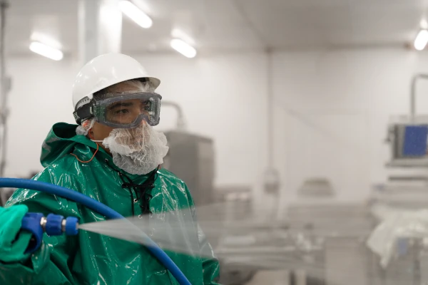 Food processing worker wearing protective clothing, goggles, and a face covering while carrying out industrial sanitation in a production facility.